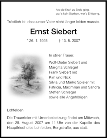 Todesanzeige von Ernst Siebert von HNA