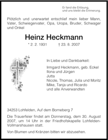 Todesanzeige von Heinz Heckmann von HNA