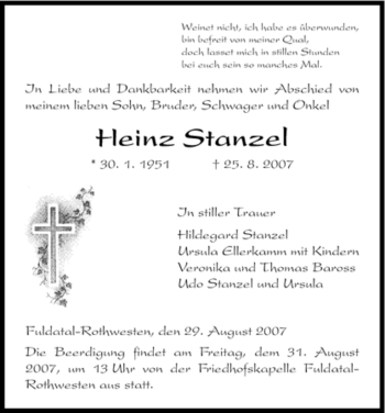Todesanzeige von Heinz Stanzel von HNA