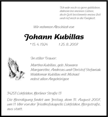 Todesanzeige von Johann Kubillas von HNA