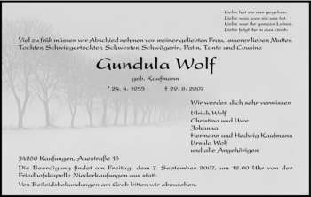 Todesanzeige von Gundula Wolf von HNA