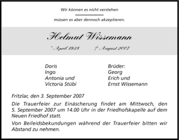 Todesanzeige von Helmut Wissemann von HNA