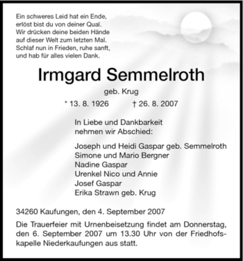 Todesanzeige von Irmgard Semmelroth von HNA