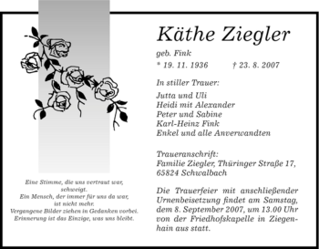 Todesanzeige von Kaethe Ziegler von HNA