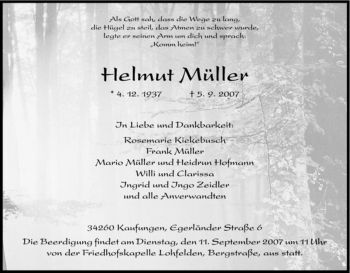 Todesanzeige von Helmut Mueller von HNA