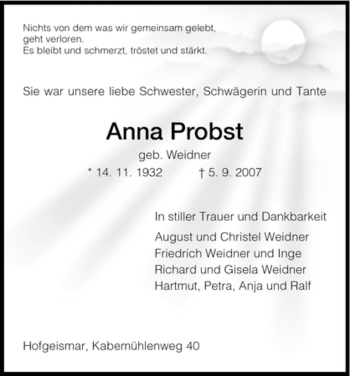 Todesanzeige von Anna Probst von HNA