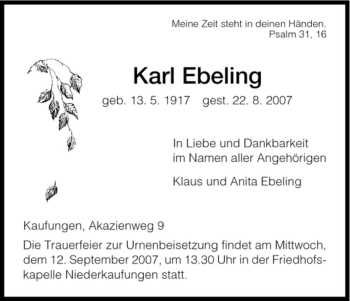 Todesanzeige von Karl Ebeling von HNA