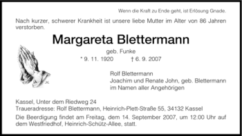 Todesanzeige von Margareta Blettermann von HNA