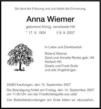 Todesanzeige von Anna Wiemer von HNA