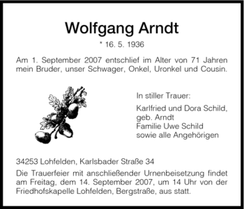 Todesanzeige von Wolfgang Arndt von HNA