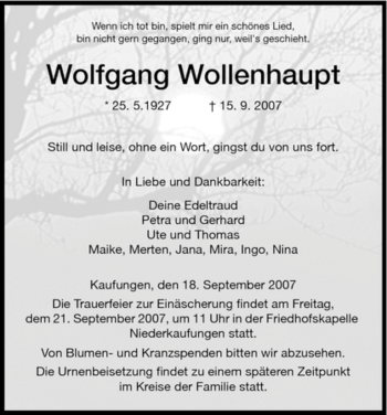 Todesanzeige von Wolfgang Wollenhaupt von HNA