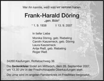 Todesanzeige von Frank-Harald Döring von HNA
