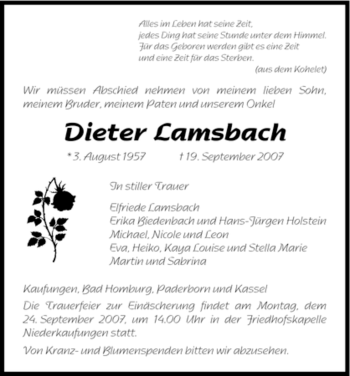 Todesanzeige von Dieter Lmsbach von HNA