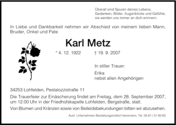 Todesanzeige von Karl Metz von HNA