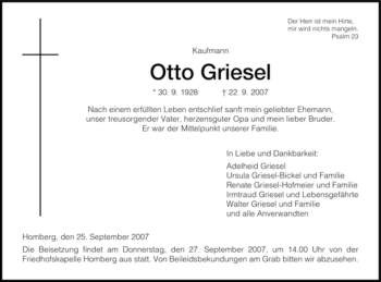 Todesanzeige von Otto Griesel von HNA