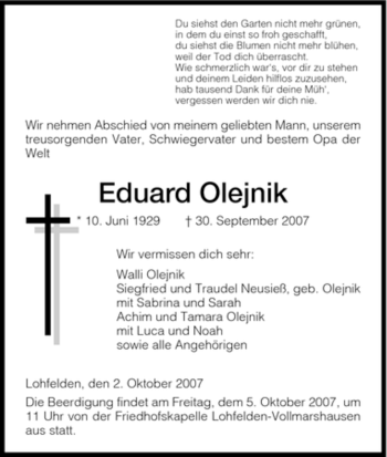 Todesanzeige von Eduard Olejnik von HNA