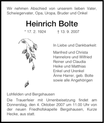 Todesanzeige von Heinrich Bolte von HNA