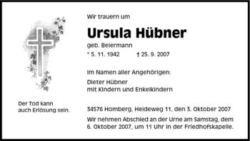 Todesanzeige von Ursula Huebner von HNA