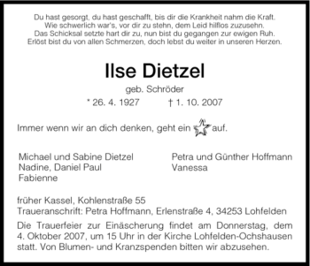 Todesanzeige von Ilse Dietzel von HNA