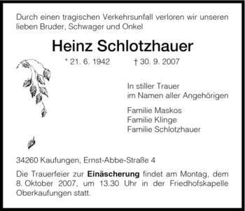 Todesanzeige von Heinz Schlotzhauer von HNA
