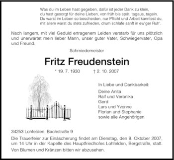 Todesanzeige von Fritz Freudenstein von HNA