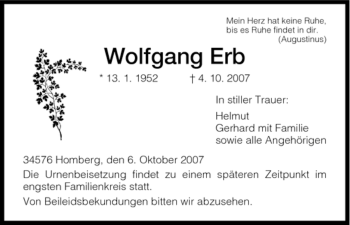 Todesanzeige von Wolfgang Erb von HNA