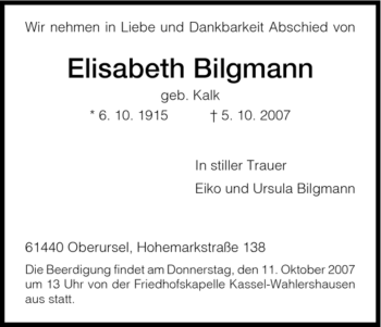 Todesanzeige von Elisabeth Bilgmann von HNA