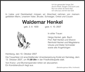 Todesanzeige von Waldemar Henkel von HNA