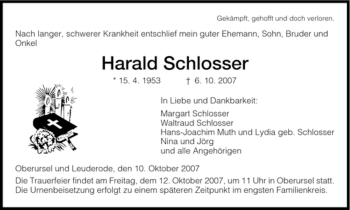 Todesanzeige von Harald Schlosser von HNA