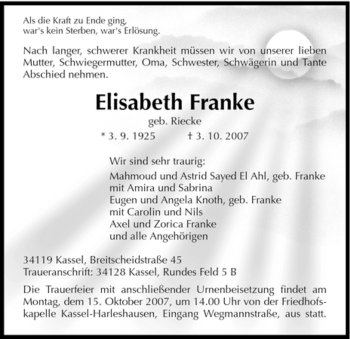 Todesanzeige von Elisabeth Franke von HNA