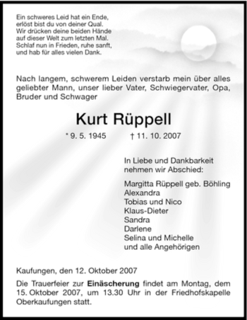 Todesanzeige von Kurt Rüppell von HNA