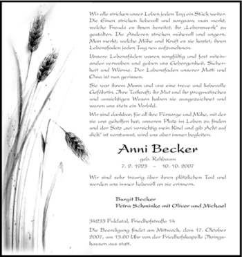 Todesanzeige von Anni Becker von HNA