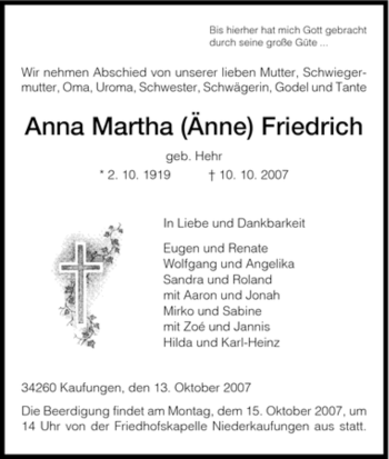 Todesanzeige von Anna Martha Friedrich von HNA