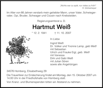 Todesanzeige von Hartmut Weiß von HNA