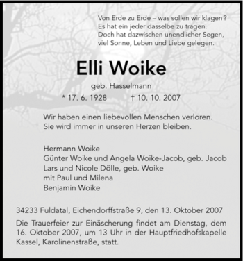 Todesanzeige von Elli Woike von HNA