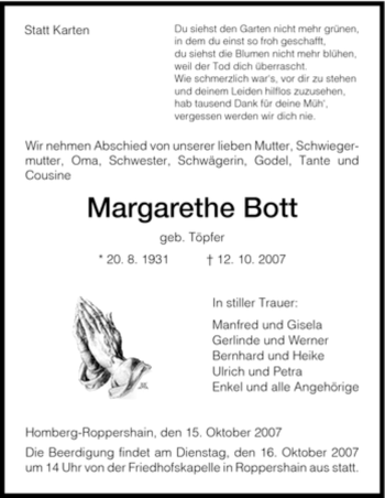 Todesanzeige von Margarethe Bott von HNA