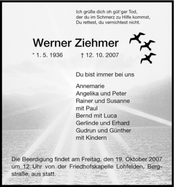 Todesanzeige von Werner Ziehmer von HNA