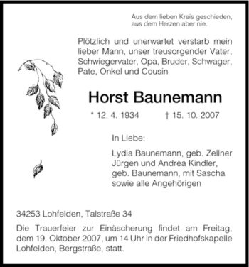 Todesanzeige von Horst Baunemann von HNA