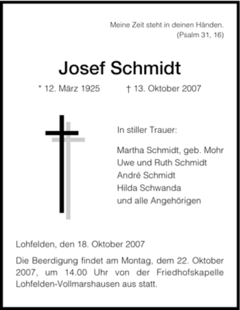 Todesanzeige von Josef Schmidt von HNA