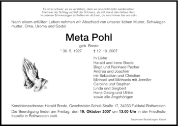 Todesanzeige von Meta Pohl von HNA