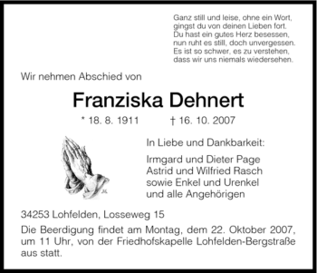 Todesanzeige von Franziska Dehnert von HNA