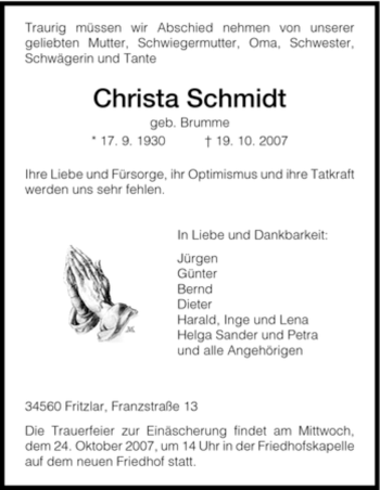 Todesanzeige von Christa Schmidt von HNA