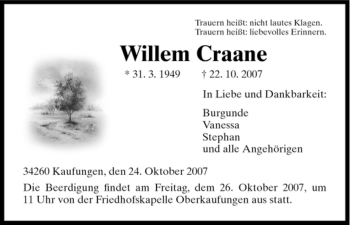 Todesanzeige von Willem Craane von HNA