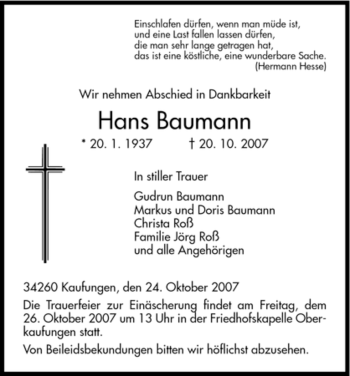 Todesanzeige von Hans Baumann von HNA