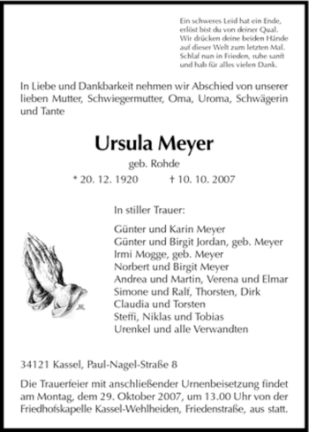 Todesanzeige von Ursula Meyer von HNA