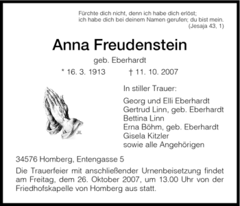 Todesanzeige von Anna Freudenstein von HNA