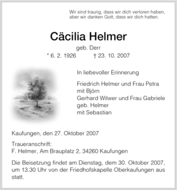 Todesanzeige von Cäcilia Helmer von HNA