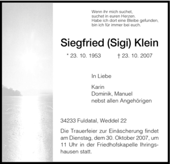 Todesanzeige von Siegfried Klein von HNA