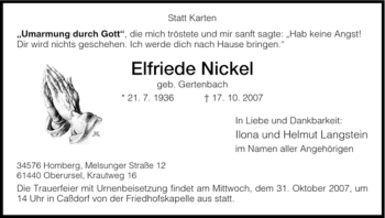 Todesanzeige von Elfriede Nickel von HNA