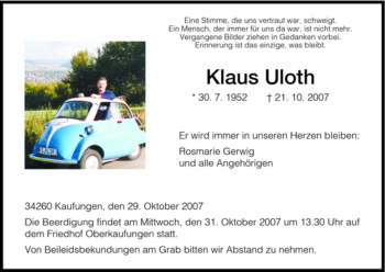 Todesanzeige von Klaus Uloth von HNA